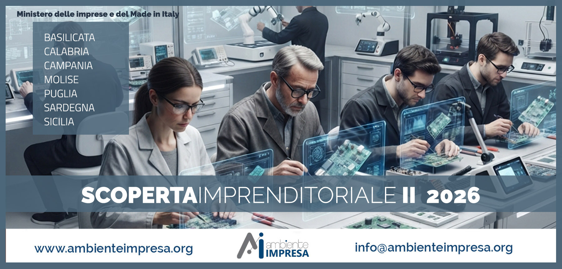 Scoperta Imprenditoriale II 2026 - FONDO PER LA CRESCITA SOSTENIBILE A SOSTEGNO DI PROGETTI DI RICERCA E SVILUPPO - Basilicata Calabria Campania Molise Puglia Sardegna e Sicilia - Ambiente Impresa srl - Cagliari - Finanza Agevolata Scoperta Imprenditoriale II 2026 - FONDO PER LA CRESCITA SOSTENIBILE A SOSTEGNO DI PROGETTI DI RICERCA E SVILUPPO - Basilicata Calabria Campania Molise Puglia Sardegna e Sicilia - Ambiente Impresa srl - Cagliari - Finanza Agevolata